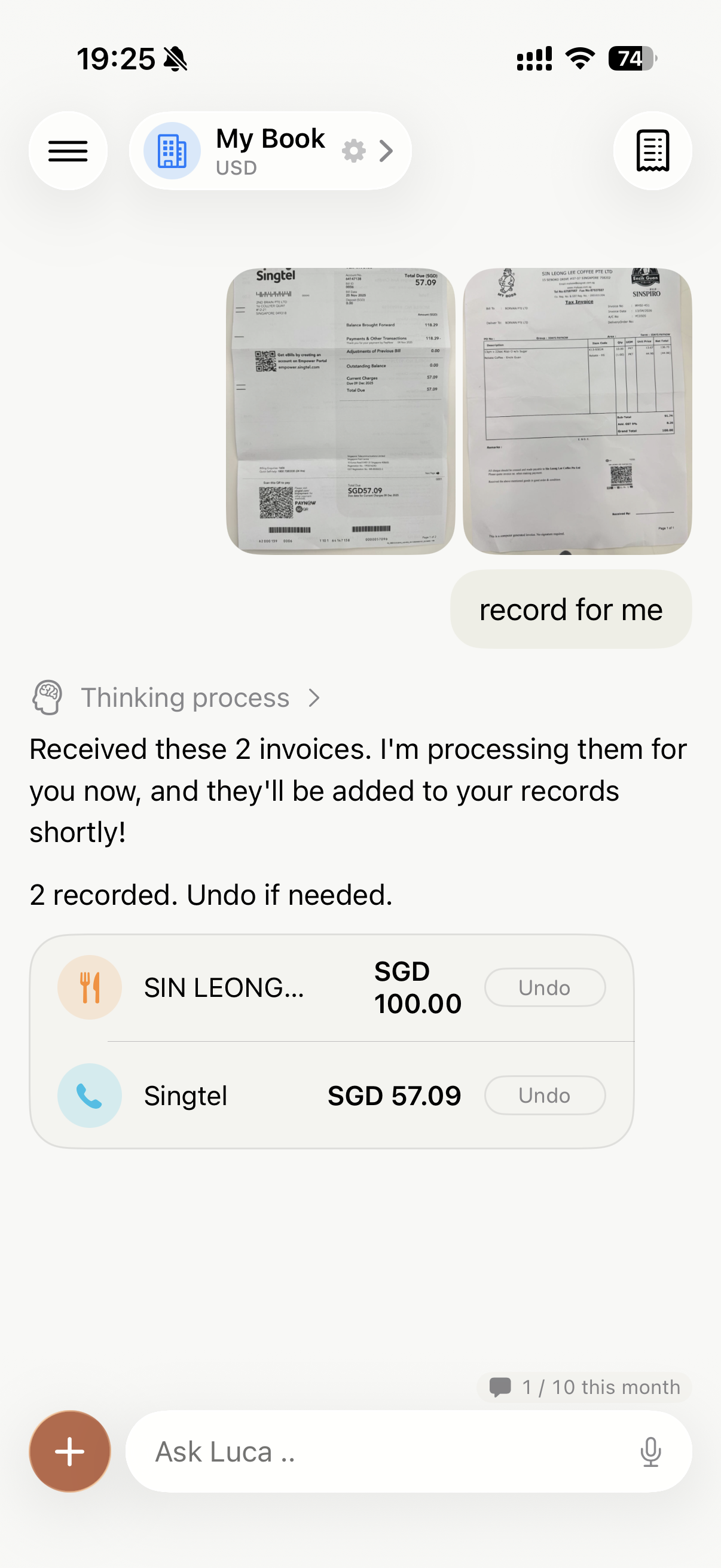 ccLuca interface showing receipt being scanned